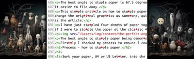 html code showing red dots where there is a hidden character and behind this to the left and right are near invisible shady characters in trench coats.