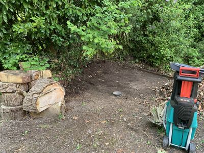 Area cleared of crates, soil and undergrowth a lot of which was chipped with the chipping machine.