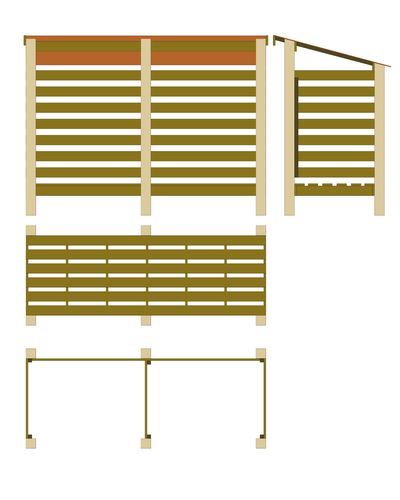 Plan of the log store showing front, side and two top views.