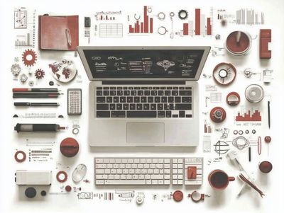 Top down view of a Laptop surrounded by cups pens graphs charts and other paraphernalia.