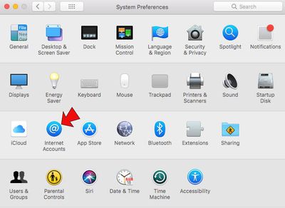  Apple OSX System Preferences screenshot with an arrow to where the Internet Accounts is.