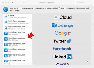 Apple OSX System Preferences - Internet Accounts screenshot with arrow the example email account in list of accounts.