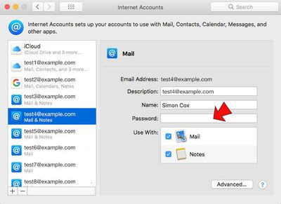 Apple OSX internet accounts screenshot showing an account chosen  and an arrow pointing to the password field as mentioned in this post.