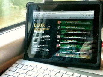 On the train on the way to EEUK11 by - Thu, August 25, 2011: Updating the EEUK11 'Tweets From' page using my ipad and bluetooth keyboard.