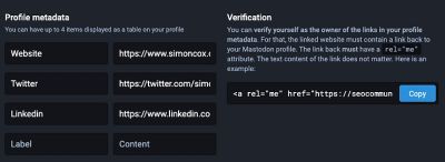 Mastodon edit profile page showing website verification panel and instructions.