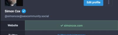 Screenshot of my Mastodon profile with my website verified.