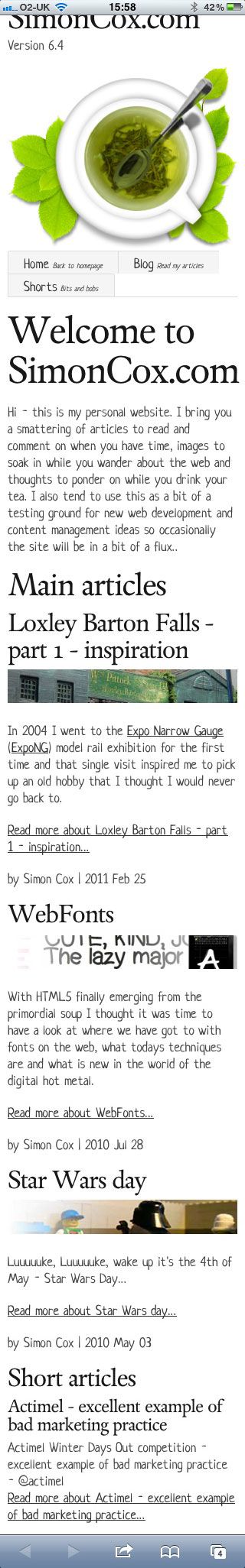 Responsive Web Design iphone screen shot of simon​cox​.com.